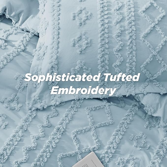 Bedsure Tufted Boho Comforter Set Queen Size - Light Blue Boho Bed Set, GentleSoft™ 3 Pieces Farmhouse Shabby Chic Embroidery Bedding, Gifts for Woman, Soft Jacquard Queen Comforter for All Seasons