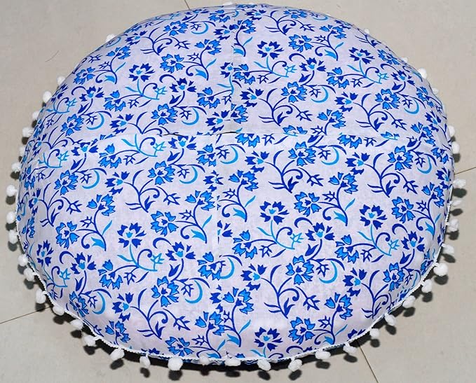 Round Mandala Floor Pillow Cover Seating Cushion Throw Cover Ottoman Pouf Cover Pom Pom Pillow Cases Hippie Decorative Bohemian Boho Indian 22 Inches (Blue White)