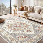 Washable Rug 7x9 Area Rugs: Boho Vintage Distressed Oriental Medallion Neutral Thin Large Rug Carpet for Living Room Bedroom Dining Room Home Office Decor - Orange Gray