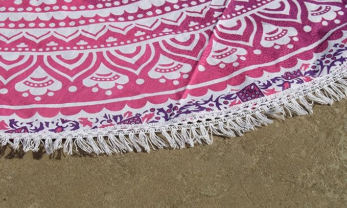 Round Beach Tapestry Turquoise Mandala Throw/Boho Hippie Beach Blanket Roundie/Indian Cotton Bohemian Large Round Table Cloth-Home Decor/Yoga Mat Meditation Picnic Rug (70", Pink and White)