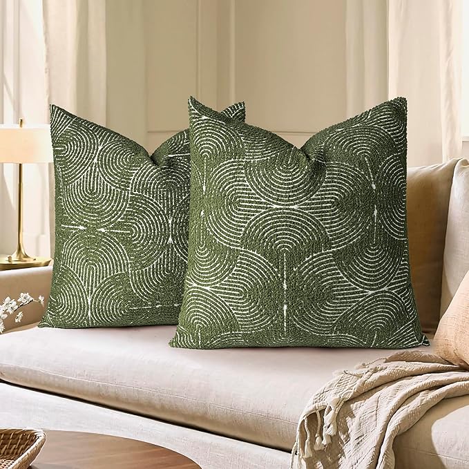AELS Boho Decorative Textured Throw Pillow Covers 24x24, Modern Mid Century Rainbow Tufted Pillow Case, Farmhouse Rustic Geometric Woven Cushion Case for Bed Couch Sofa, Olive Green