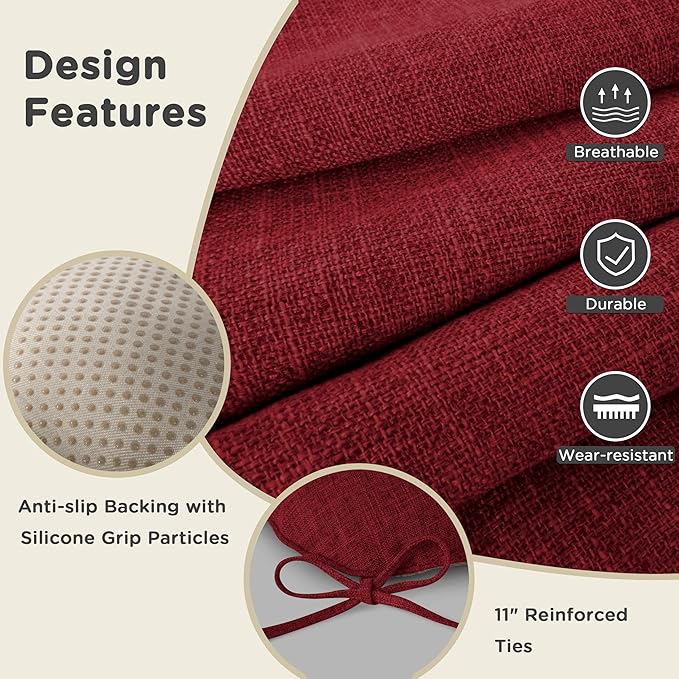 AddGrace Chair Cushions for Dining Chairs Set of 1 Kitchen Seat Cushions with Ties and Non Slip Backing Tufted Indoor Seat Pad for Kitchen Dining Room 18" x 17" x 3" Burgundy