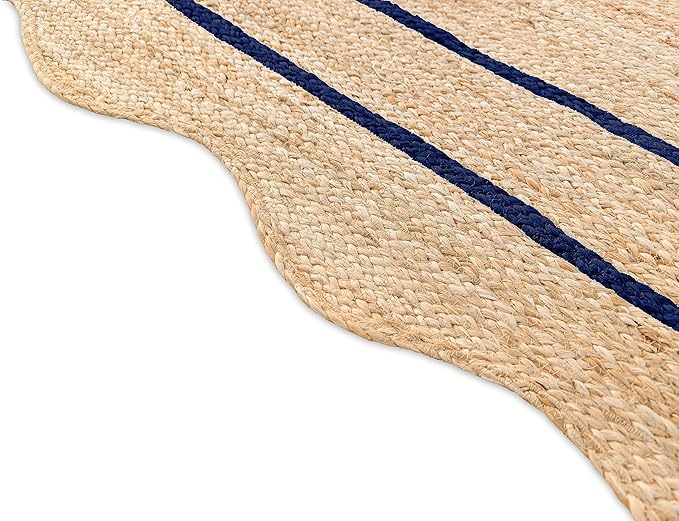 Wave Scalloped Natural Jute Runner Boho Jute Entryway Farmhouse Scallop Rug, Navy (5'x7')