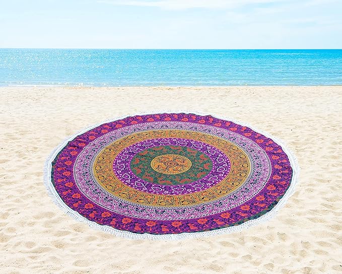 Round Beach Tapestry Turquoise Mandala Throw/Boho Hippie Beach Blanket Roundie/Indian Cotton Bohemian Large Round Table Cloth-Home Decor/Yoga Mat Meditation Picnic Rug (70", 6 color)