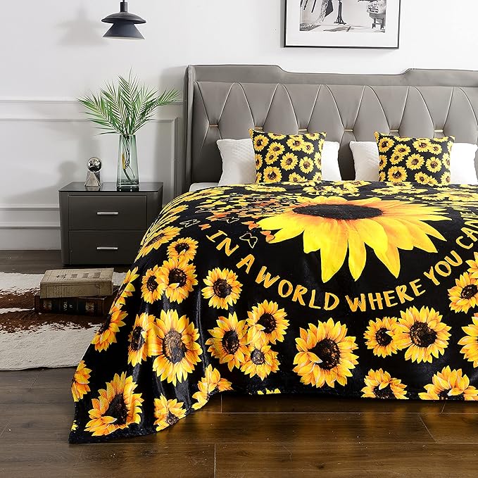 WIBUE Sunflower Throw Blanket 80"x60" with 2 Pcs Pillow Covers 18"x18", Decor Fleece Blanket for Women Men, Fuzzy Soft Cozy Warm Plush Gifts Blankets for Bed Sofa Couch Chair Living Room Bedroom