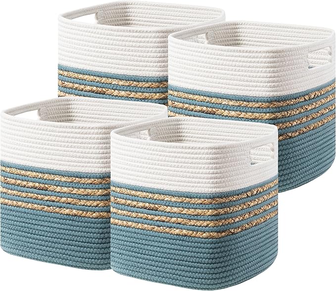 UBBCARE Set of 4 Storage Cubes 11 X 10.5 X 10.5 in, Water Hyacinth Storage Bins for Shelves, Toys, Book, Storage Baskets with Handles, Cotton Rope Woven Baskets for Organizing, Light Blue