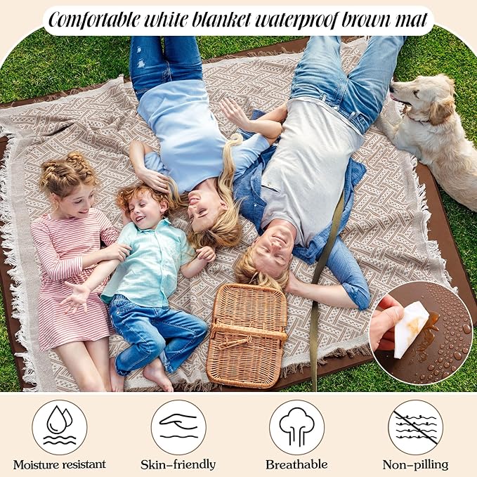 VitalCozy Waterproof Picnic Blankets 71×71 inch Outdoor Blanket Foldable 2 in 1 Double Layer Sandproof Beach Mat with Carry Strap for Camping Lawn Park Beach Grass(Khaki)