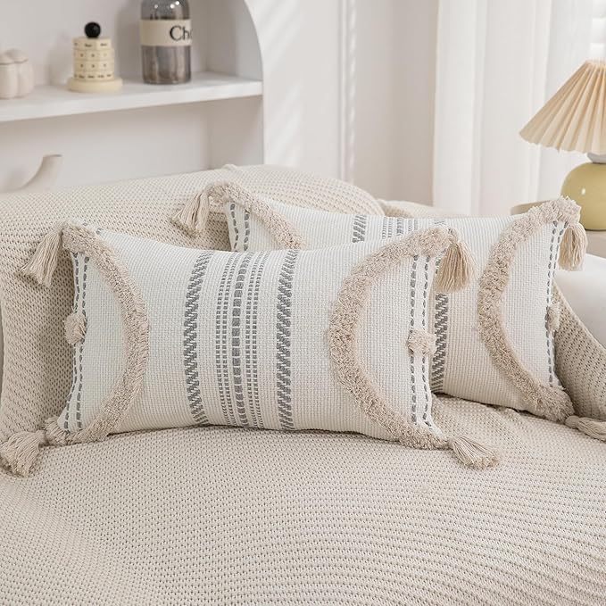 Boho Throw Pillow Covers 12x20 Set of 2 Cotton Woven Tufted Farmhouse Lumbar Pillows Covers with Tassels Outdoor Neutral Decorative Pillowcases Rectangle Textured Accent Cushion for Couch Bed Sofa