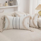 Boho Throw Pillow Covers 12x20 Set of 2 Cotton Woven Tufted Farmhouse Lumbar Pillows Covers with Tassels Outdoor Neutral Decorative Pillowcases Rectangle Textured Accent Cushion for Couch Bed Sofa
