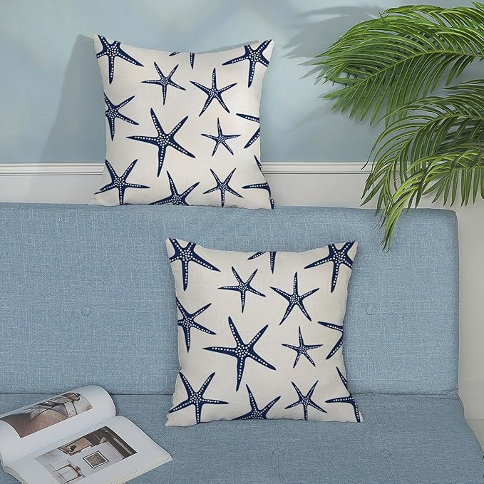 Navy Blue Starfish Pillow Covers 18x18 Inch Set of 2 Coastal Throw Pillows Spring Summer Nautical Ocean Theme Beach Decorative Pillow Cases Linen Outdoor Decor Cushion Case for Home Bedroom
