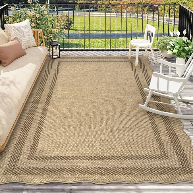 LIVEBOX Scalloped Washable 8x10 Rug, Easy Jute Tan Rug for Living Room, Indoor Outdoor Patio Non Slip Rugs for Bedroom, Geometric Farmhouse Dining Room Mat Modern Carpet Area Rug for Home Office Decor