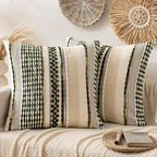 ANRODUO Pack of 2 Boho Decorative Throw Pillow Covers 26x26 Farmhouse Cushion Case Striped Chenille Pillow Cases Square Pillow Covers Accent Neutral Pillowcase for Sofa Couch Bed, Olive Green Stripe