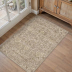 HUGEAR 2x3 Entryway Area Rug Light Brown Small Rug Machine Washable Door Mat Vintage Floral Low Pile Carpet Vacuumable Distressed Throw Rug Entrance Kitchen Bathroom Bedroom Non Slip Lightweight