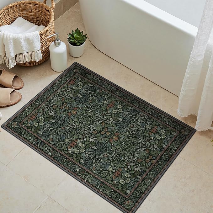 GENIMO 2x4 Washable Small Entryway Rug, Non-Slip Front Door Mat for Kitchen, Bathroom, Laundry, Vintage Boho Floral Thin Indoor Carpet, Dark Green
