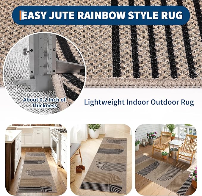 GarveeHome Modern Rainbow Easy Jute Runner Rug, 2x6 Rug for Hallways - Non-Slip Indoor Outdoor Carpet, Washable for High Traffic Laundry Room, Kitchen, Entryway