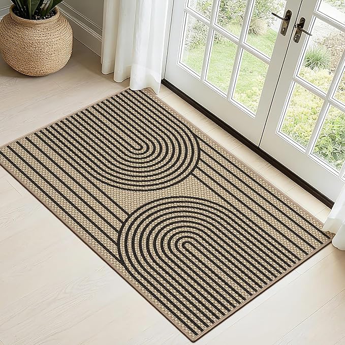 Outdoor Rug 2x3 Door Mat Easy Jute Entryway Porch Rug Indoor Foyer Outdoor Patio Low Pile Ultra-Thin Area Rug Washable Non-Slip Black Rainbow Throw Carpet for Front Door Entrance Floor Mats
