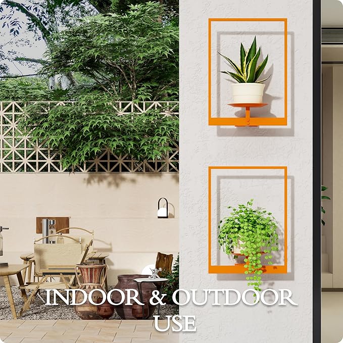 Orange Metal Wall Plant Holder - 2-Pack Wall Mounted Plant Stands and Hanging Holders for Indoor Planter and Flower Pot -Rectangle Decor Shelf for Plant Storage (Pot Not Included)