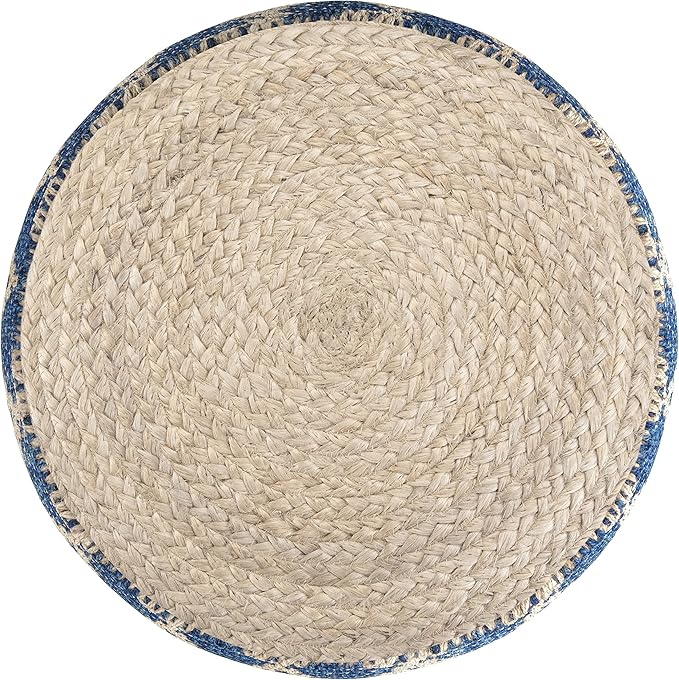 SIMPLIHOME Edgeley Round Pouf - 18 inch Wide Handwoven Jute and Cotton Ottoman in Classic Blue and Natural, Boho-Style Footstool or Extra Seating for Living Room, Bedroom, or Kids Room, Assembled