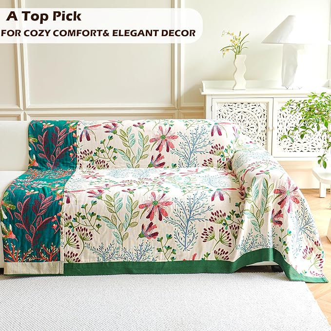 Boho Throw Blanket, 100% Organic Cotton Breathable Ultra Soft 80" x 90" Bed Quilt Throw - All Season Floral Rustic Farmhouse Decor Luxury Reversible Blanket for Sofa Couch Chair and Gift