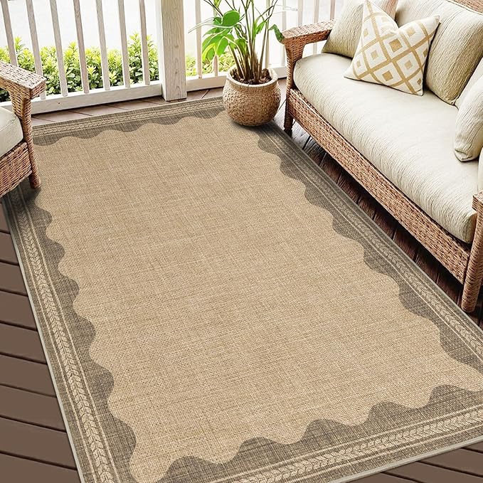 Easy Jute Rug 3x5 Outdoor Rug Scalloped Washable Rugs for Entryway Non Slip Neutral Farmhouse Indoor Outdoor Carpet for Backyard Patio Office