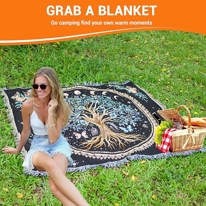 Tree of Life Woven Throw Blanket Mandala Boho Chic Decor Life Tree Reversible Cute Cotton Boho Throw Blanket Witchy Throws Blankets with Tassels Bohemian Room Decor Luxury Christmas Throws 51”x59”