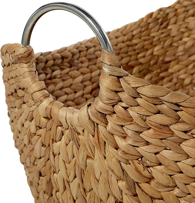 Deco 79 Seagrass Handmade Decorative and Functional Storage Basket Woven Curved Basket Organizer with Silver Metal Handles, Set of 4 Basket for Storage 14", 16", 19", 21"W, Brown