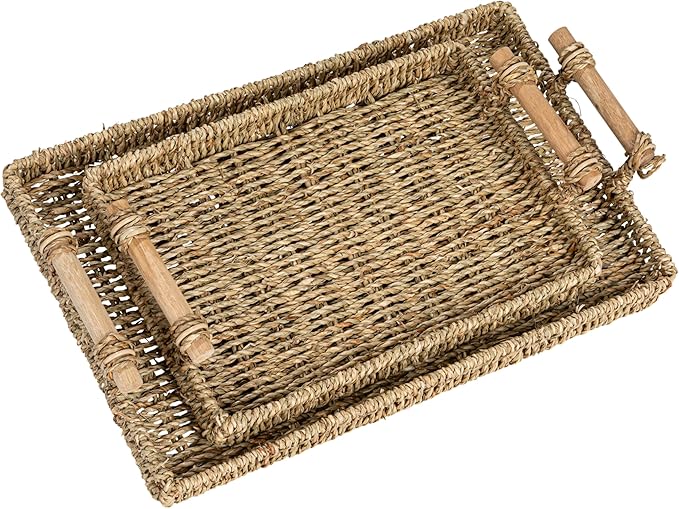 Household Essentials Handwoven Seagrass Rectangular Tray Set with Wood Handles, Natural, Set of 2