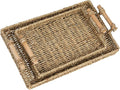 Household Essentials Handwoven Seagrass Rectangular Tray Set with Wood Handles, Natural, Set of 2