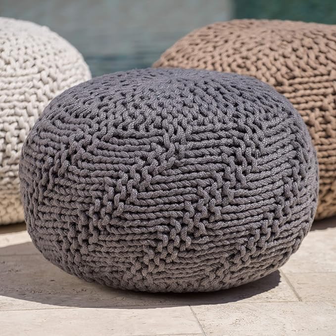 Christopher Knight Home Aria Outdoor Fabric Weave Pouf, Dark Grey