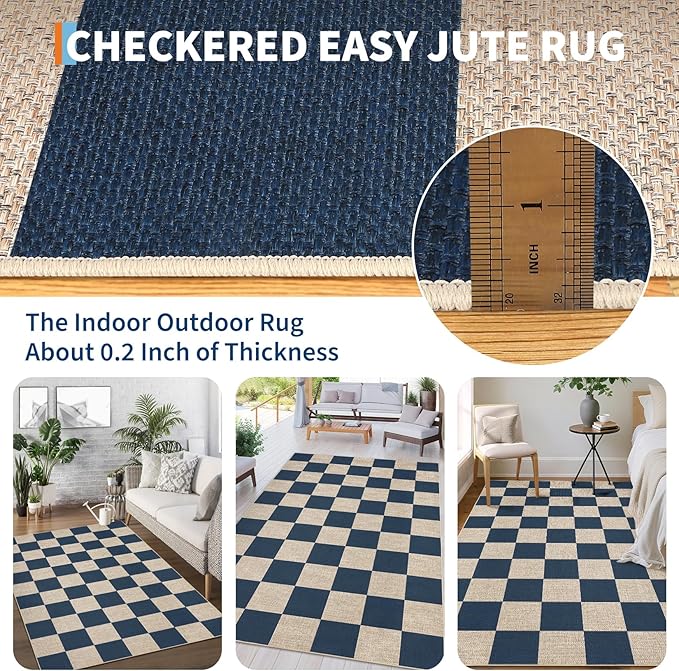 GarveeHome Easy Jute Area Rugs 6x9 for Living Room Non-Slip Backing Checkered Rugs Machine Washable Modern Indoor Outdoor Carpets for Dining Room Nursery Patio Bedroom Backyard Camping Navy Blue