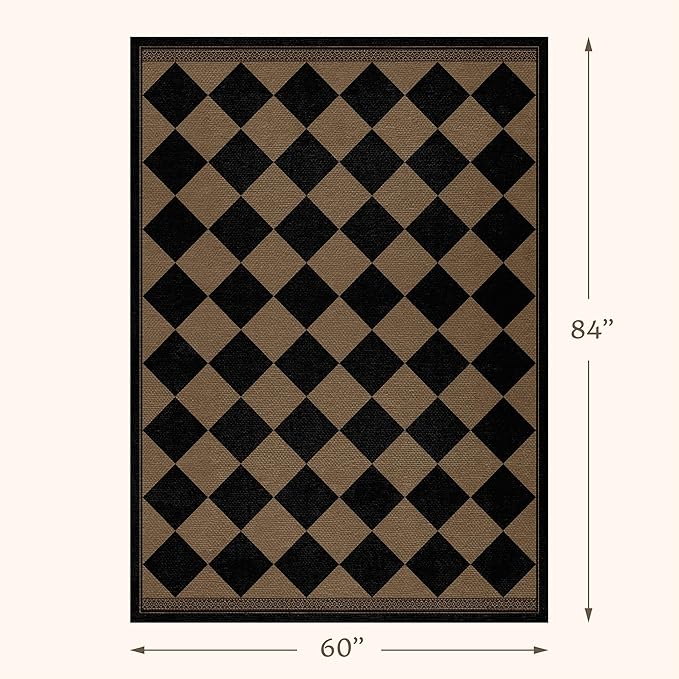 Boho Checkered Easy Jute Indoor Outdoor Rugs for Dining Room Living Room Patio 5x7, Non Skid Washable Checkered Outdoor Rug, Farmhouse Geometric Carpet for Bedroom, Backyard, Brown Diamond Décor