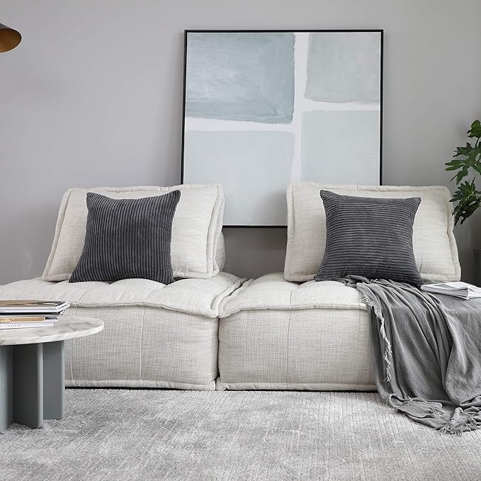 Home Brilliant Set of 2 Throw Pillow Covers Soft Velvet Corduroy Striped Square Cushion Cover for Couch, 50cm, 20 x 20 Inch, Dark Grey
