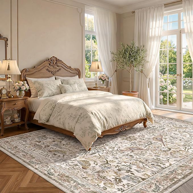 Vintage Moss Green 8x10 Washable Area Rugs for Living Room - Soft Floral Rug for Bedroom, Dining Room, Light Brown Taupe Low Pile Stain Resistant Bird Floral Bird Carpet