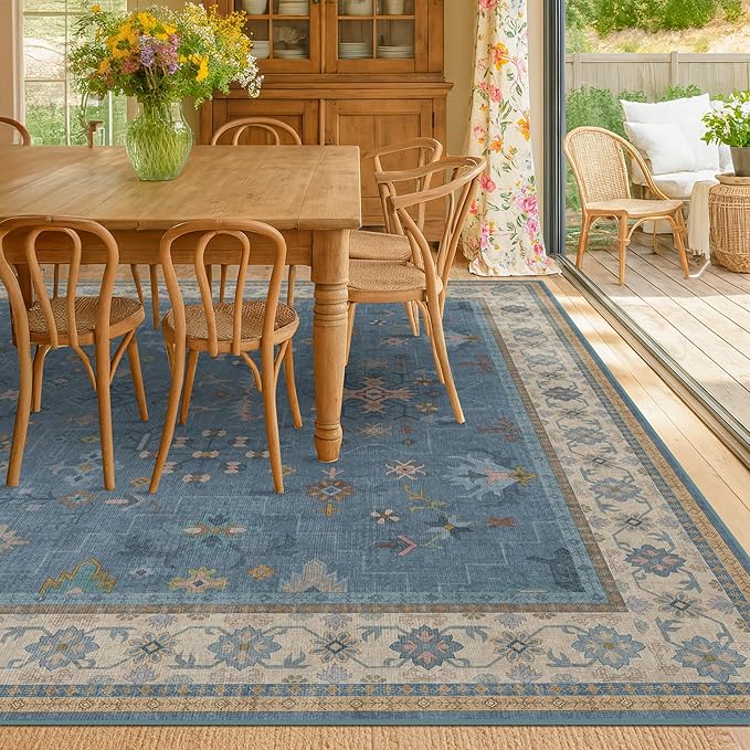 Blue Big Rugs for Living Room - Dusty Blue 10x14 Area Rug for Large Bedroom, Dining Room, Washable Lightweight Low Pile Foldable Eclectic Modern Floral Home Décor