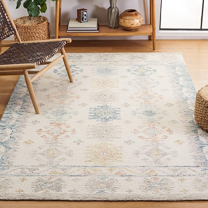 SAFAVIEH Micro-Loop Collection Area Rug - 5' x 8', Ivory & Blue, Handmade Boho Rustic Wool, Ideal for High Traffic Areas in Living Room, Bedroom (MLP476M)