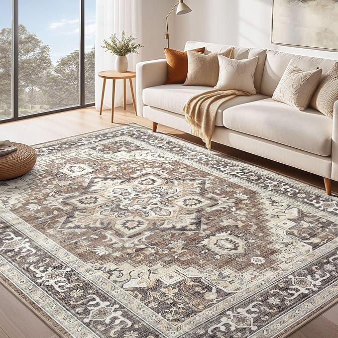 Washable Rug 10x14 Area Rugs: Boho Vintage Distressed Oriental Medallion Neutral Thin Large Rug Carpet for Living Room Bedroom Dining Room Home Office Decor - Dark Brown