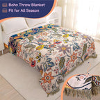 Boho Large Throw Blanket for Bed -100% Cotton Colorful Bed Throw, Ultra Soft Farmhouse Decor Bedding,80" x 90" Travel Blanket Rustic Throw for Picnic Sofa Couch Chair White&Blue