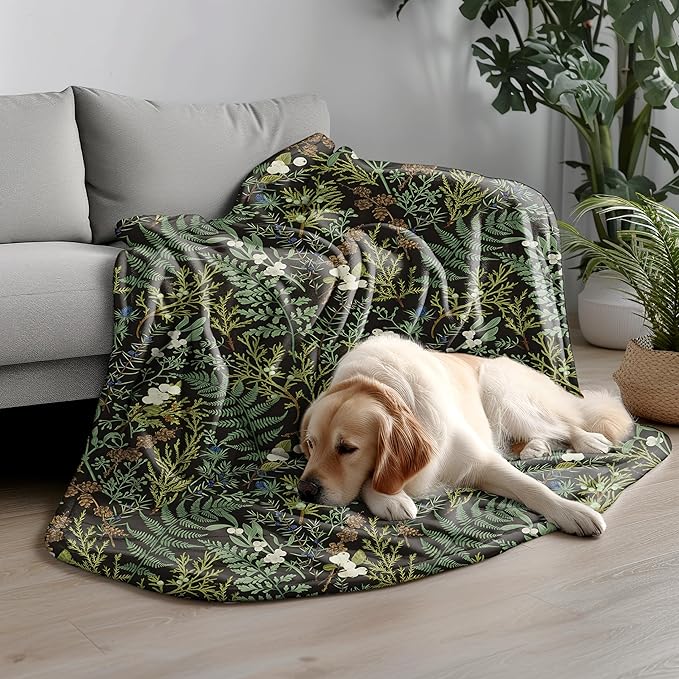 Plant Blanket, Dark Green Botanical Wildflower Plant Fern Leaves Decorative Throw Blanket for Couch Sofa Bed, Dark Green Throw Blanket for Living Room Bedroom Decor, 50x60 Inches