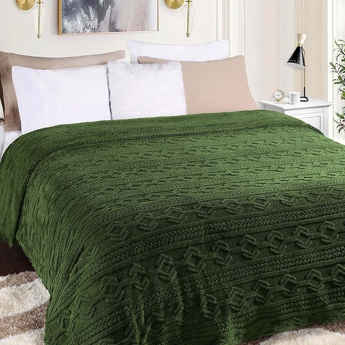 Superior Fleece Boho Jacquard Blanket, Decorative Blankets for Bedroom, Sofa, Fuzzy, Plush, Fluffy, Soft, Cute Room Decor, Beautiful Cover, Comfort Essentials, Arctic Collection, Throw, Green