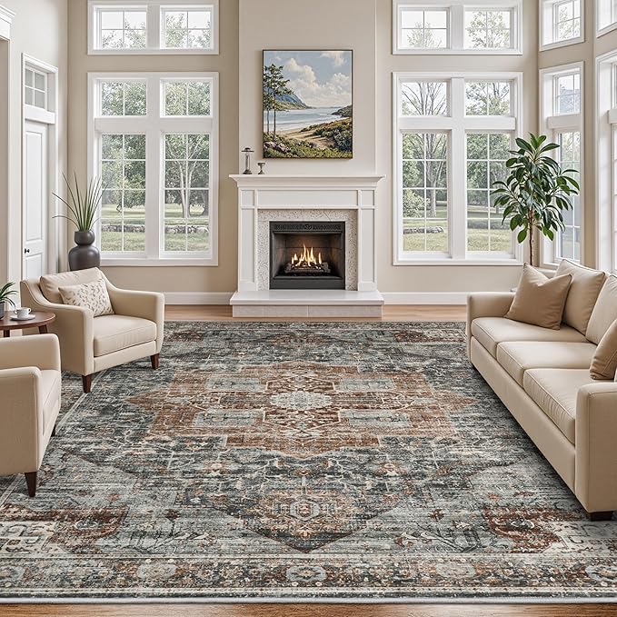 Area Rugs 9x12 Living Room, Vintage Soft 9x12 Rug with Non-Slip Backing, Low Pile Stain Resistant Large Washable Area Rug for Dining Room, Bedroom, Office (Grey/Brown/Tan, 9'x12')