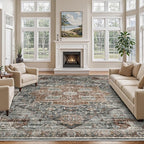 Area Rugs 9x12 Living Room, Vintage Soft 9x12 Rug with Non-Slip Backing, Low Pile Stain Resistant Large Washable Area Rug for Dining Room, Bedroom, Office (Grey/Brown/Tan, 9'x12')