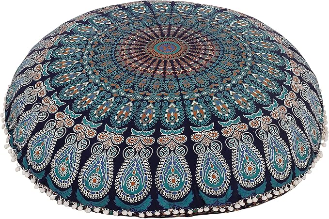 32" Blue Mandala Floor Pillow Cushion Seating Throw Cover Hippie Decorative Bohemian Ottoman Poufs, Pom Pom Pillow Cases,Boho Indian