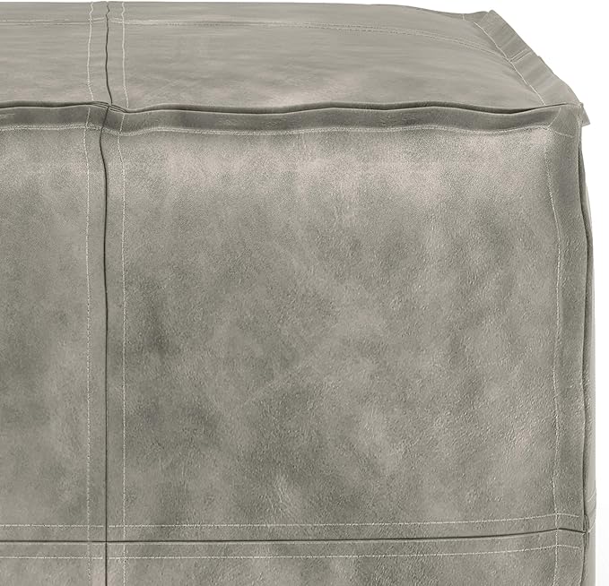 SIMPLIHOME Brody Square Pouf - 18 inch Wide Upholstered Vegan Leather Ottoman in Distressed Grey, Boho Footstool, Coffee Table or Extra Seating for Living Room or Bedroom, Assembled