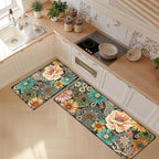 Boho Floral Kitchen Mats for Floor 2PCS Anti Fatigue Mats for Kitchen Floor Cushioned Non Slip Waterproof Memory Foam PVC Kitchen Rugs Set for Sink,Office,Laundry 17.3"x28"+17.3"x47"