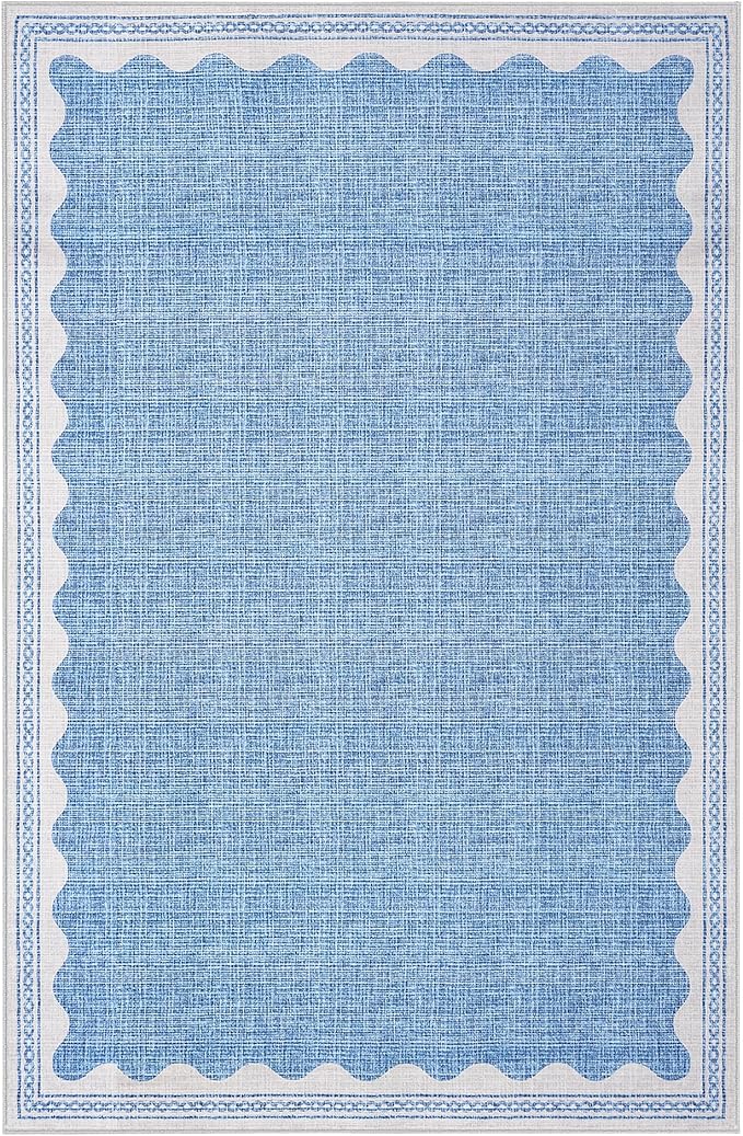 GarveeHome 4 x 6 Rug Non-Slip Washable Low-Pile Carpet - Scalloped Solid Blue Modern Minimalism Rugs for Bedroom Living Room Nursery Kitchen Entryway Indoor Mat with Rubber Back