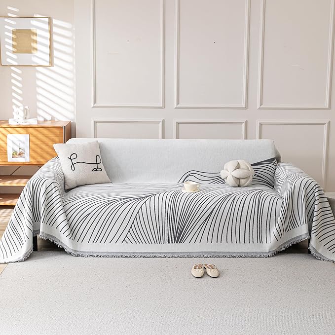 Boho Chenille Couch Cover for Dogs, Non Slip Sofa Cover, Couch Slipcover Covers for 3 Cushion, Furniture Protector with Tassels for Pets Washable, 71"x118", Curved Lines Grey