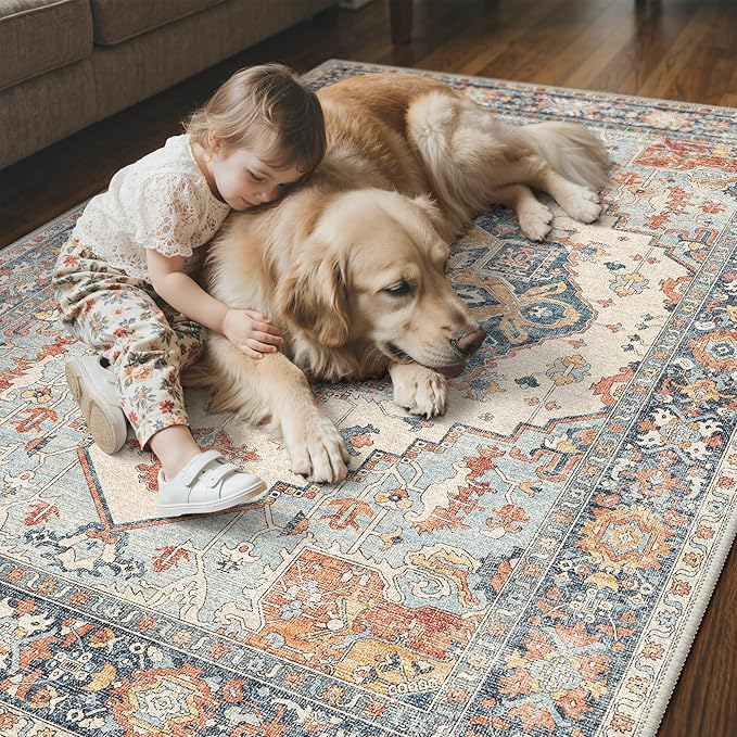 GENIMO 5x7 Area Rugs for Living Room, Machine Washable Non Slip Rugs, Low Pile Lightweight Print Rug for Bedroom, Dining Room, Home Office, Vintage Blue/Amber