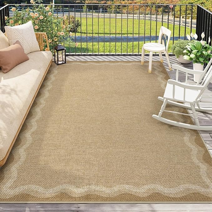 LIVEBOX Scalloped Washable 8x10 Rug, Easy Jute Tan Rug for Living Room, Indoor Outdoor Rugs Bedroom, Geometric Farmhouse Non Slip Dining Room Mat Modern Carpet Area Rug for Patio Home Office Decor