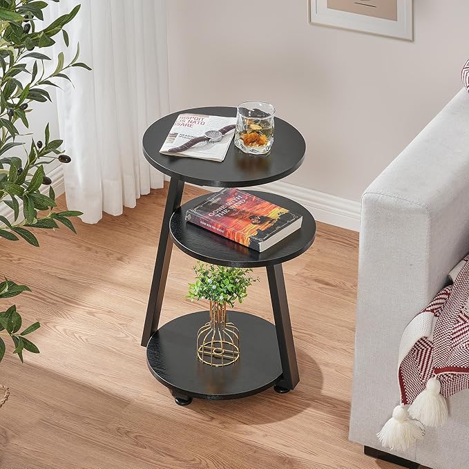BEWISHOME Round End Table Side Table with Metal Frame, Accent Table Nightstand Bedside Table with 3-Tier Shelves, Small Couch Table for Living Room Bedroom Black KTZ41B
