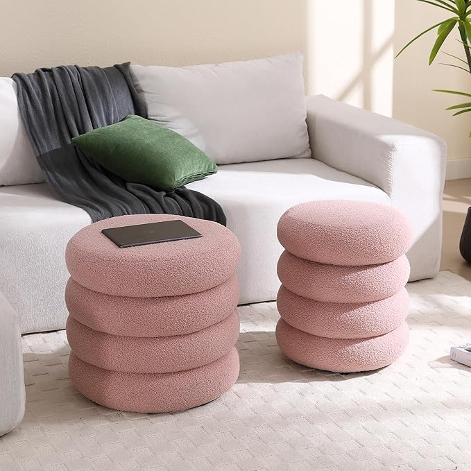 Boucle Ottoman with Storage Pink, Small Round Footrest Stool with Removable Lid, Upholstered Sherpa Vanity Chair for Bedroom Entryway